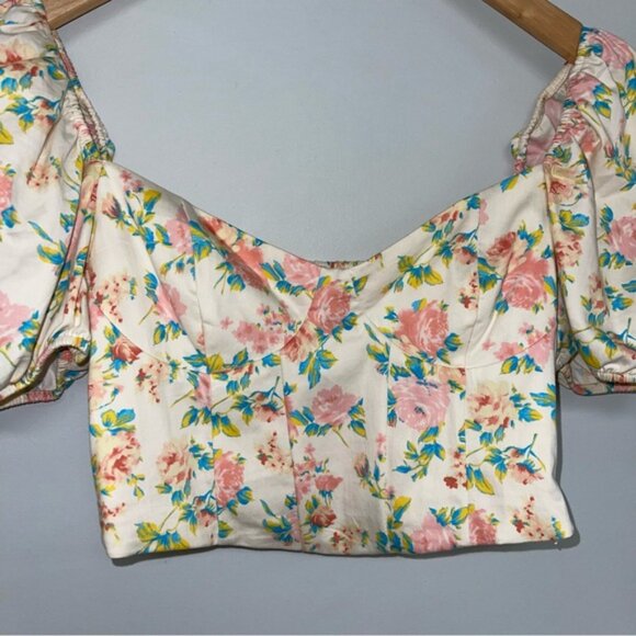 Zara Crop Top Women’s Size Large Floral Puffy Sleeve‎ Smocked Back Corset Point - Picture 4 of 14